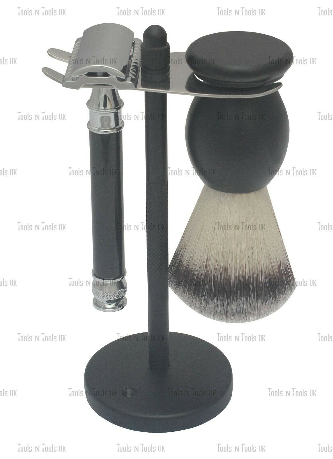 Black-Steel-Shaving-Set-Double-Edge-Razor-Hair-Brush-Stand-Bowl-Blades-Boxed-264401392391-3
