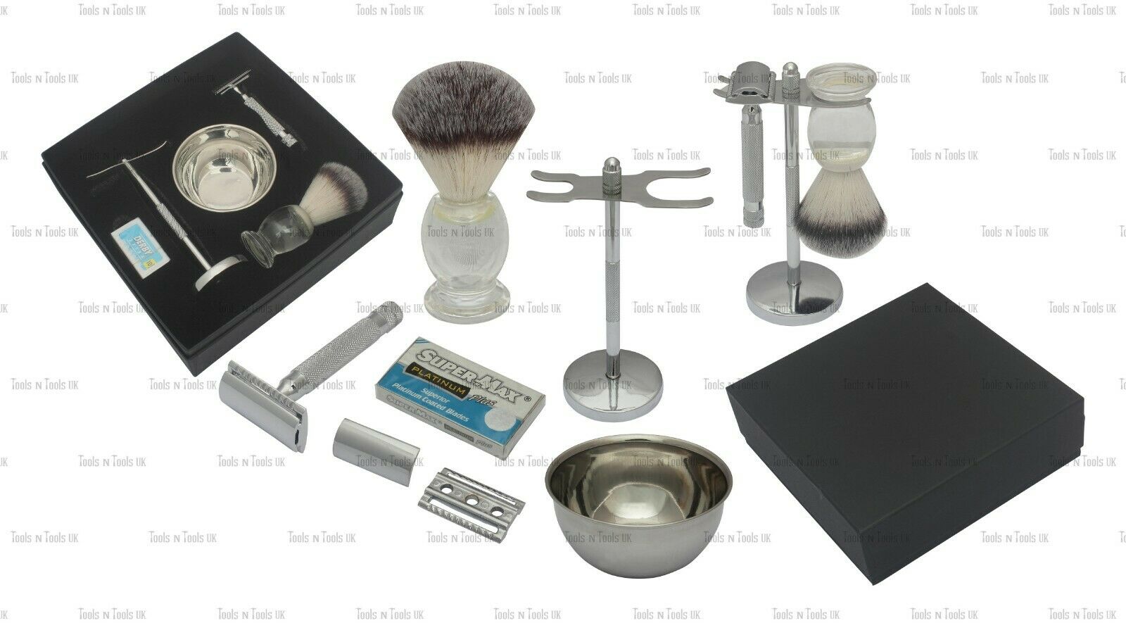 Silver-Steel-Shaving-Set-Double-Edge-Razor-Hair-Brush-Stand-Bowl-Blades-Boxed-254300819476