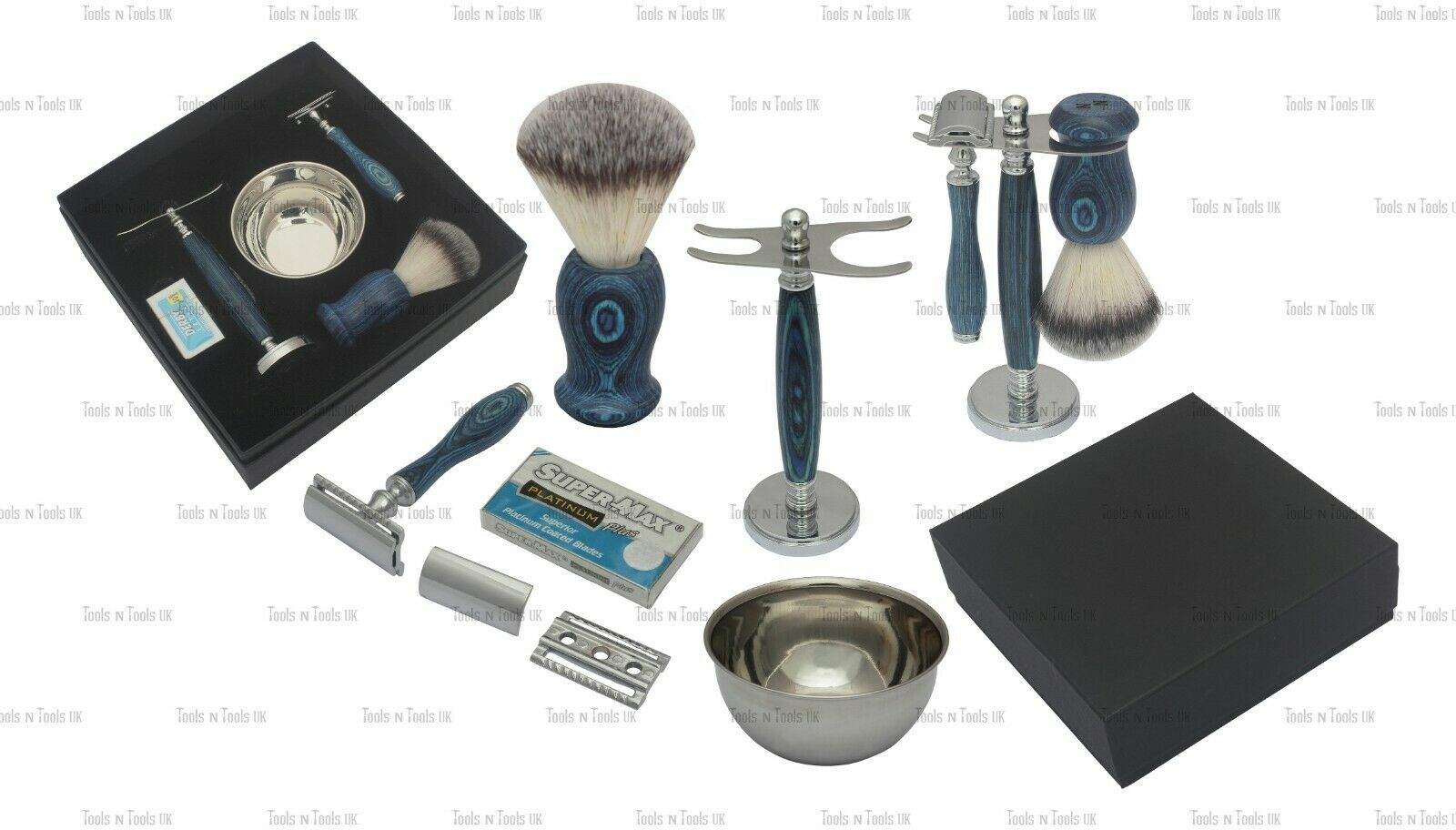 Blue-5-Piece-Shaving-Set-Double-Edge-Razor-Hair-Brush-Stand-Bowl-Blades-in-Box-264401204267