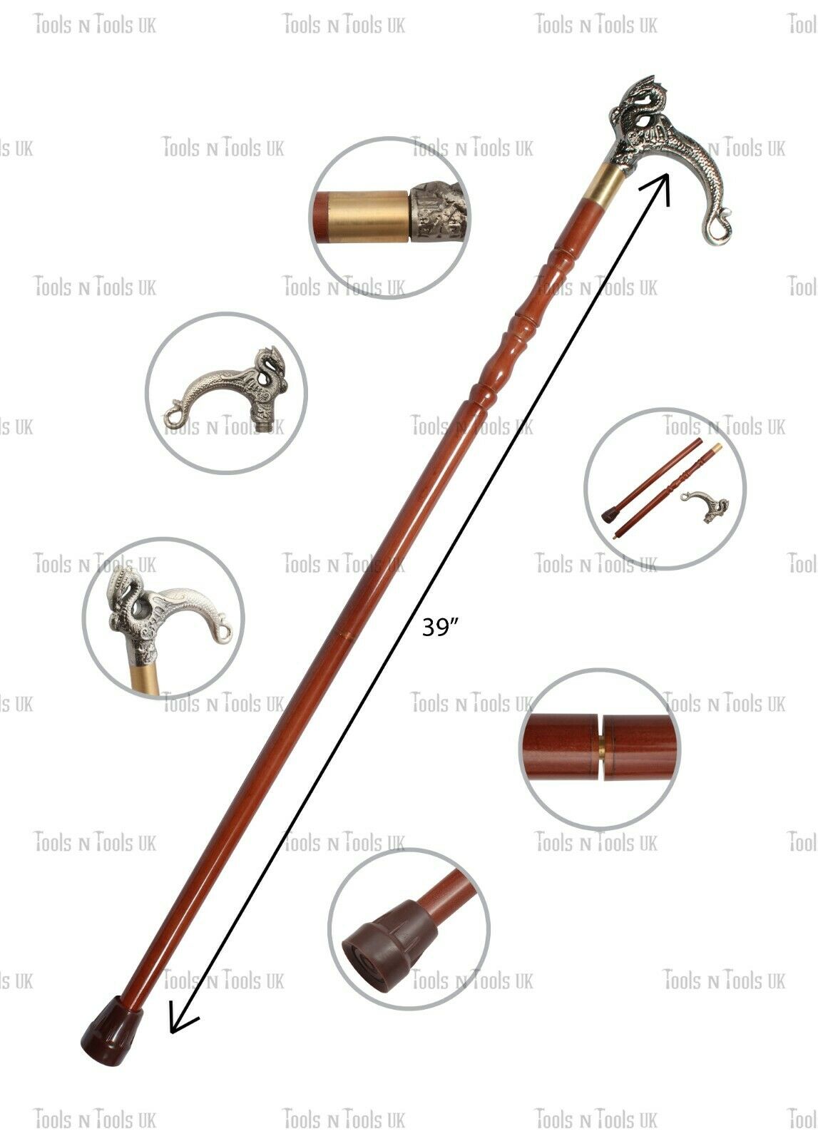 Wstick-008-Antique-Style-Walking-Stick-Solid-Silver-Head-Handle-Vintage-Wooden-264889618709